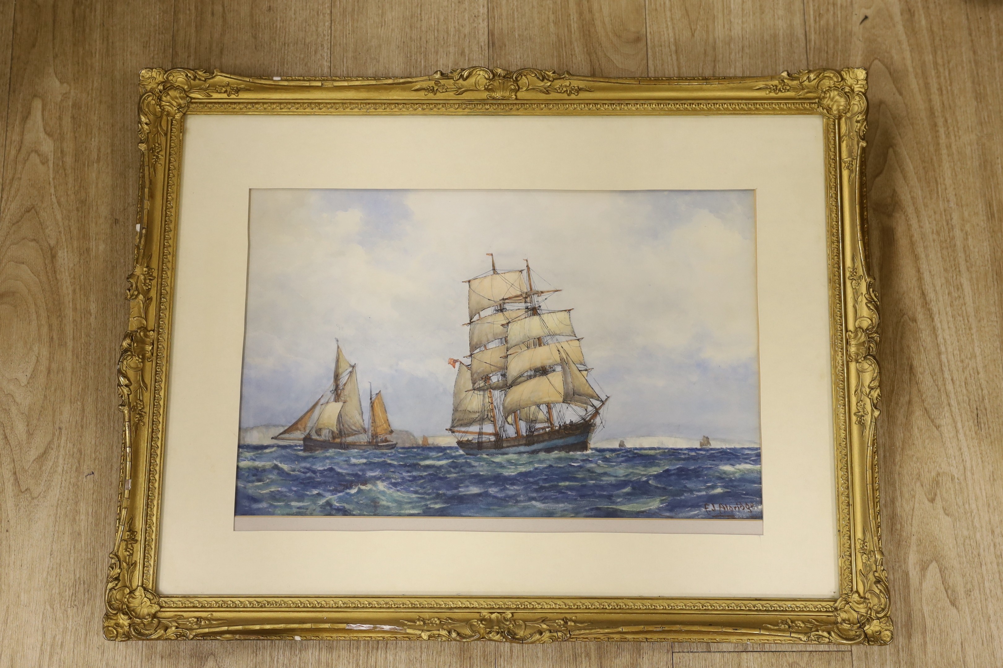 Circle of Frederick James Aldridge, watercolour, Shipping at sea, bears signature, 35 x 54cm